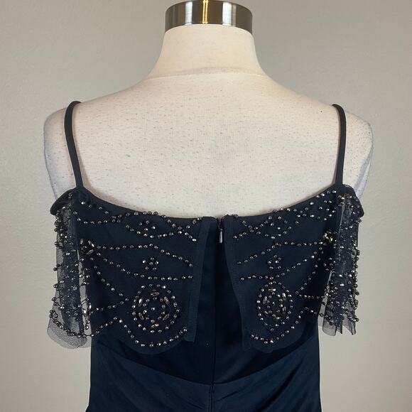 XSCAPE Off the Shoulder Beaded Chiffon Long Evening Gown Blue Size 10 Dress - Picture 8 of 12